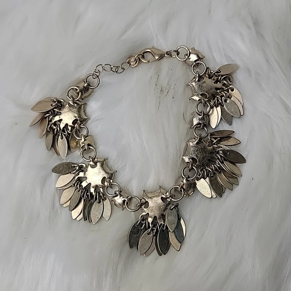 HALOGEN Opalescent Iridescent Glass Brass Tone Leaf Tassel Boho Fashion Bracelet